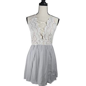 TOBI Vintage Womens Sz Medium White Lace Blue skater Dress Open Back